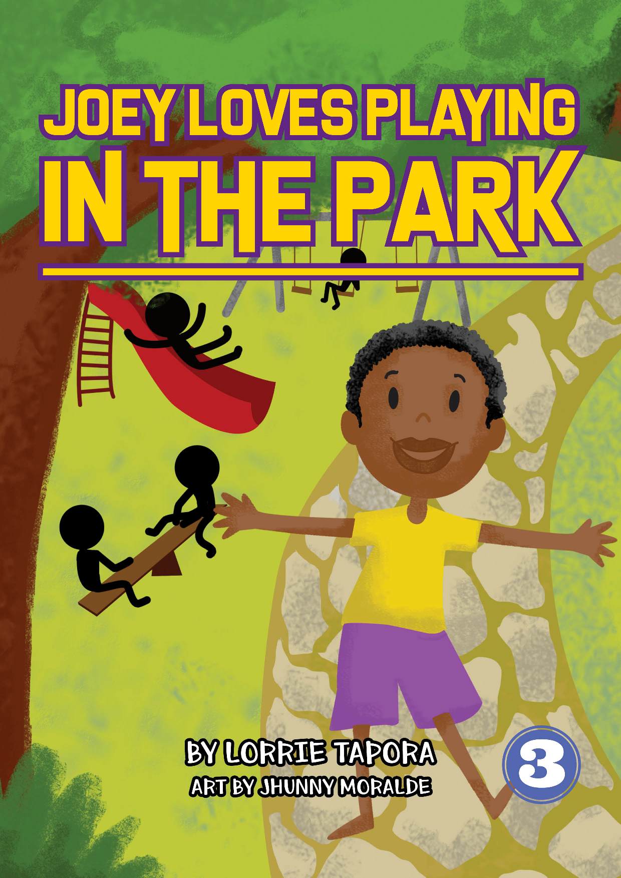 A book title page: Joey loves playing in the park by Lorrie Tapora. Art by Jhunny Moralde. 3. A drawing of a boy smiling and standing in the park. In the background are silhouettes of children on the seesaw, a child on a slide, and a child on a swing.